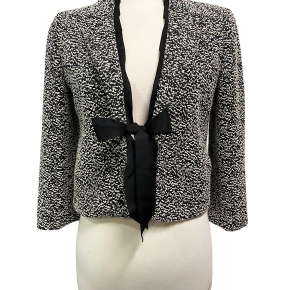 Ann Taylor Jacket Blazer Sz 4 Black Bow Closure Marled Short Office Careerwear - Picture 3 of 12